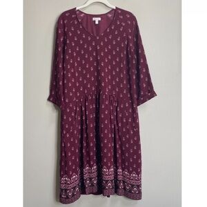 Garnet Hill Burgundy Floral Print 3/4 Sleeve Boho Dress Size 10
